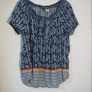 * Faded Glory Boho Blouse Large 12 14 Drawstring Tie Navy White